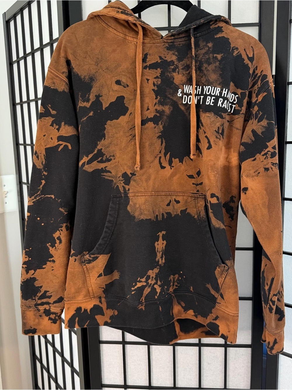 Black & Rust Tie-Dye Hoodie with White Text M